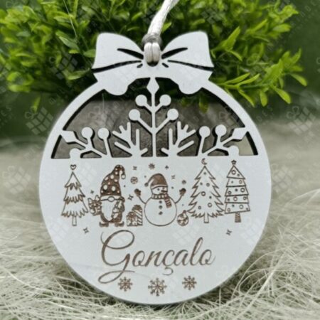 Bola de Natal Personalizada - Gnomo e Boneco de neve com árvores