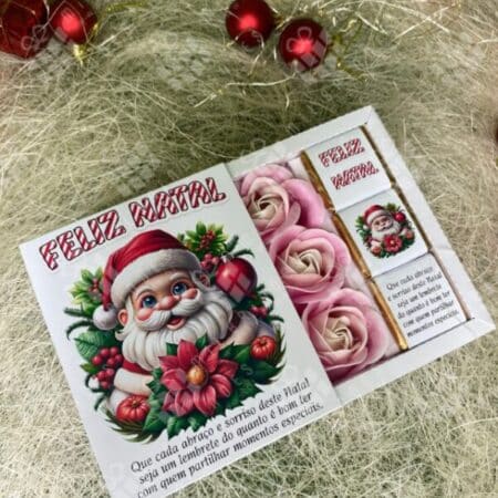 Caixa Pai Natal com 3 Flores Sabão e 3 Napolitanas - modelo 8